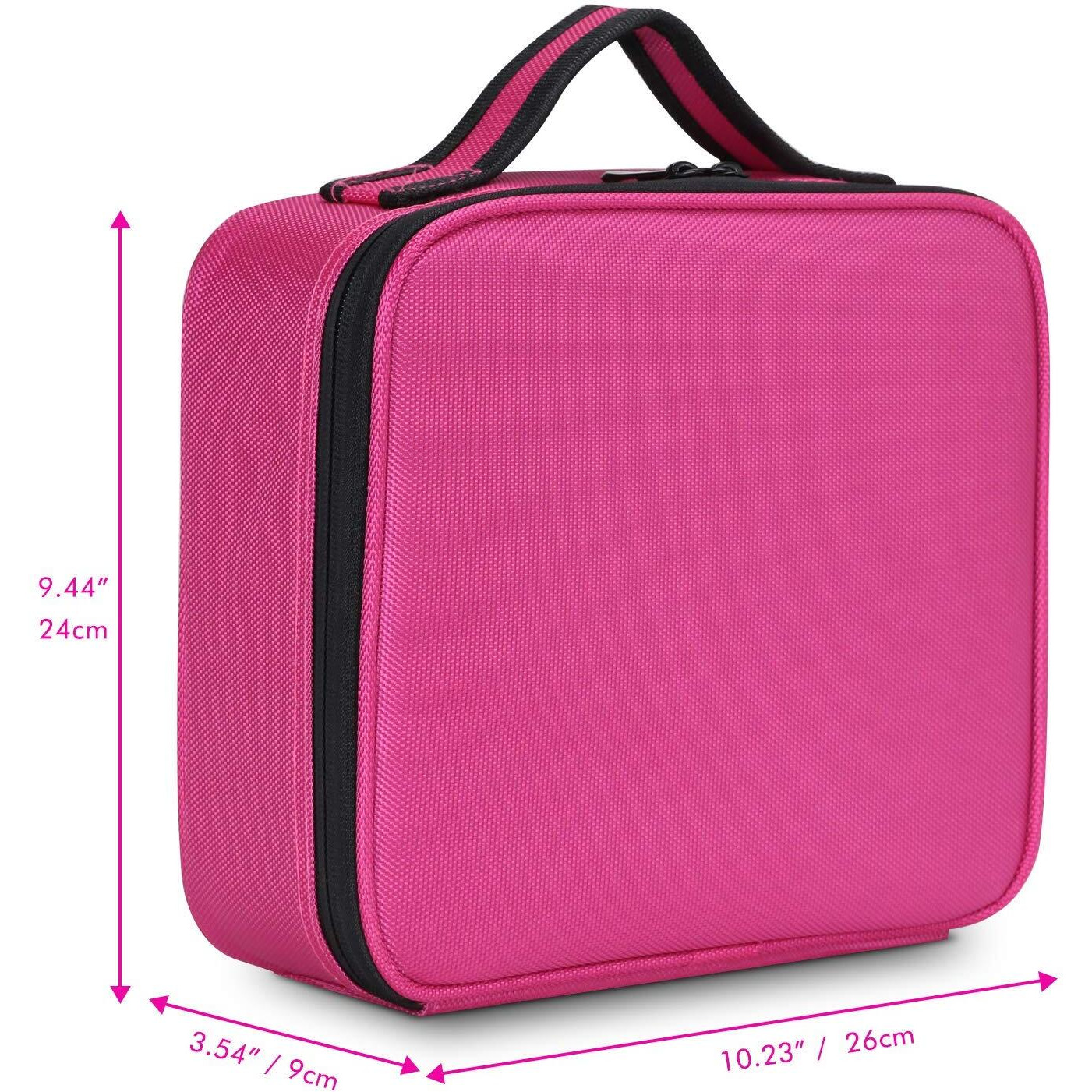 INOVERA (LABEL) Nylon Makeup Organizer Bag for Women, Girls & Bride - Travel Cosmetic Kit Storage Organiser - Toiletry Vanity Box with Adjustable Compartment, 26l x 23b x 9h cm (Pink)