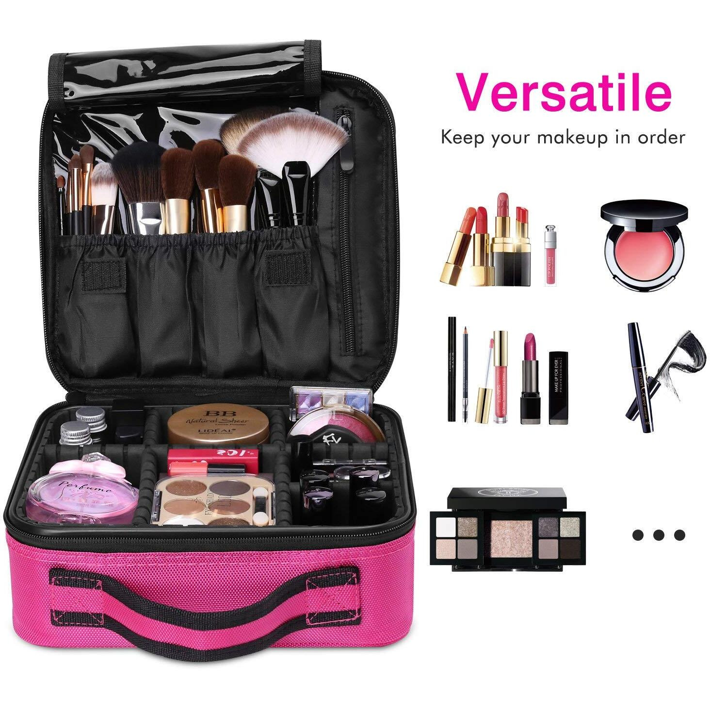 INOVERA (LABEL) Nylon Makeup Organizer Bag for Women, Girls & Bride - Travel Cosmetic Kit Storage Organiser - Toiletry Vanity Box with Adjustable Compartment, 26l x 23b x 9h cm (Pink)