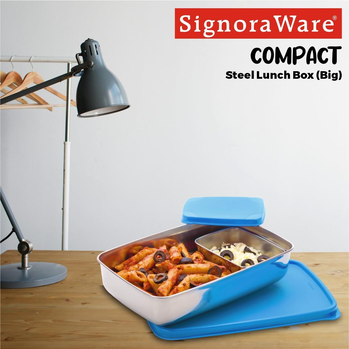 SignoraWare Compact Stainless Steel Big Lunch Box | Two Compartment Tiffin | Airtight & Leakproof | Useful for Travelling, Picnics & outdoors | Best for Office & School use ( 850ml + 150ml | Blue )