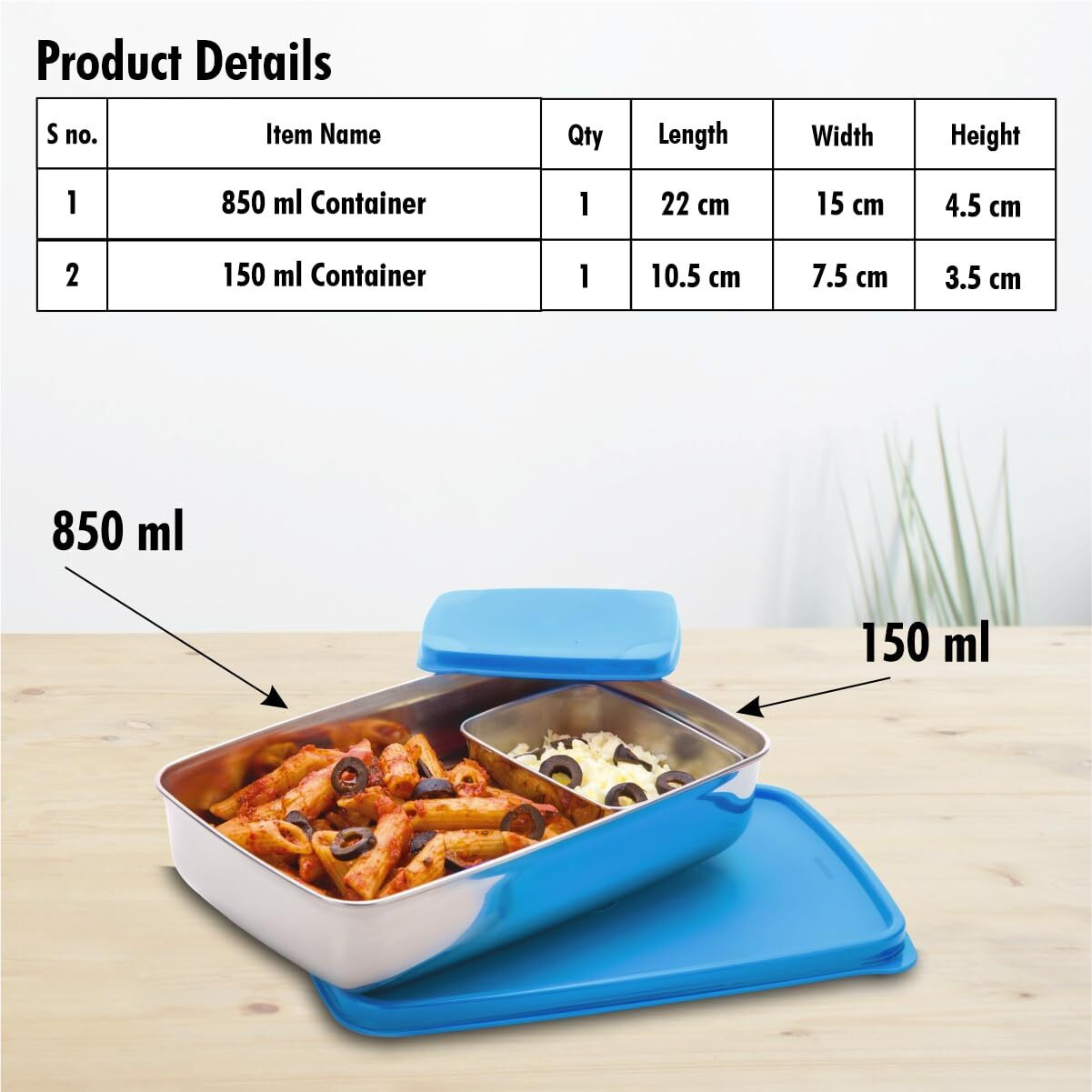 SignoraWare Compact Stainless Steel Big Lunch Box | Two Compartment Tiffin | Airtight & Leakproof | Useful for Travelling, Picnics & outdoors | Best for Office & School use ( 850ml + 150ml | Blue )