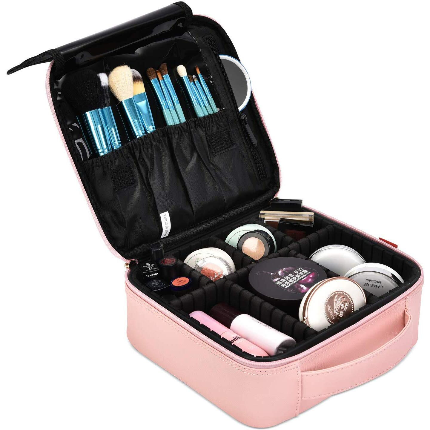 INOVERA (LABEL) Faux Leather Makeup Organizer Bag for Women, Girls & Bride - Travel Cosmetic Kit Storage Organiser - Toiletry Vanity Box with Adjustable Compartment, 26l x 23b x 9h cm (Rose Gold)