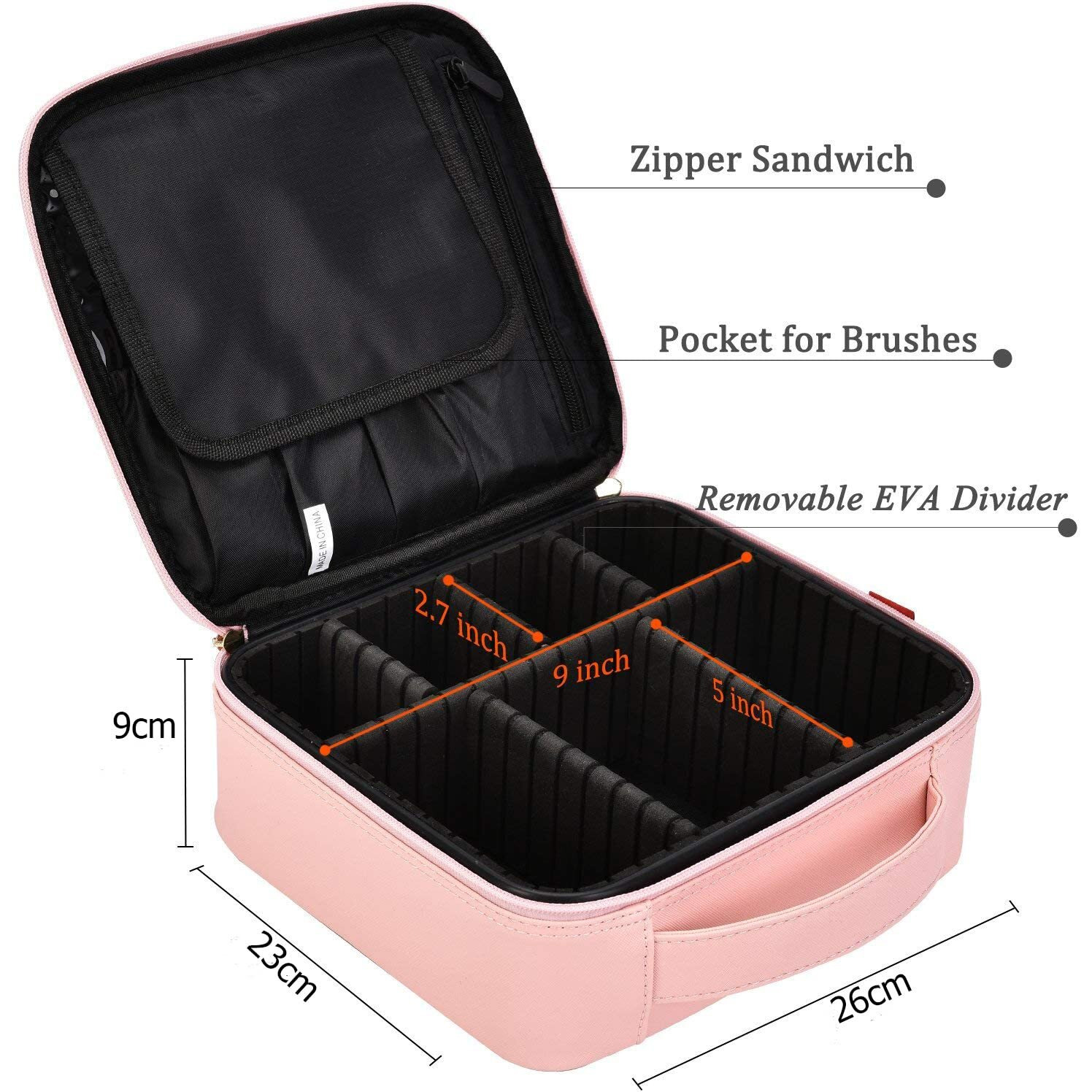 INOVERA (LABEL) Faux Leather Makeup Organizer Bag for Women, Girls & Bride - Travel Cosmetic Kit Storage Organiser - Toiletry Vanity Box with Adjustable Compartment, 26l x 23b x 9h cm (Rose Gold)