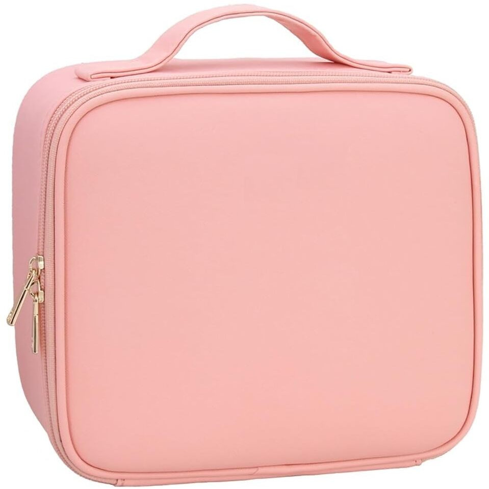 INOVERA (LABEL) Faux Leather Makeup Organizer Bag for Women, Girls & Bride - Travel Cosmetic Kit Storage Organiser - Toiletry Vanity Box with Adjustable Compartment, 26l x 23b x 9h cm (Rose Gold)