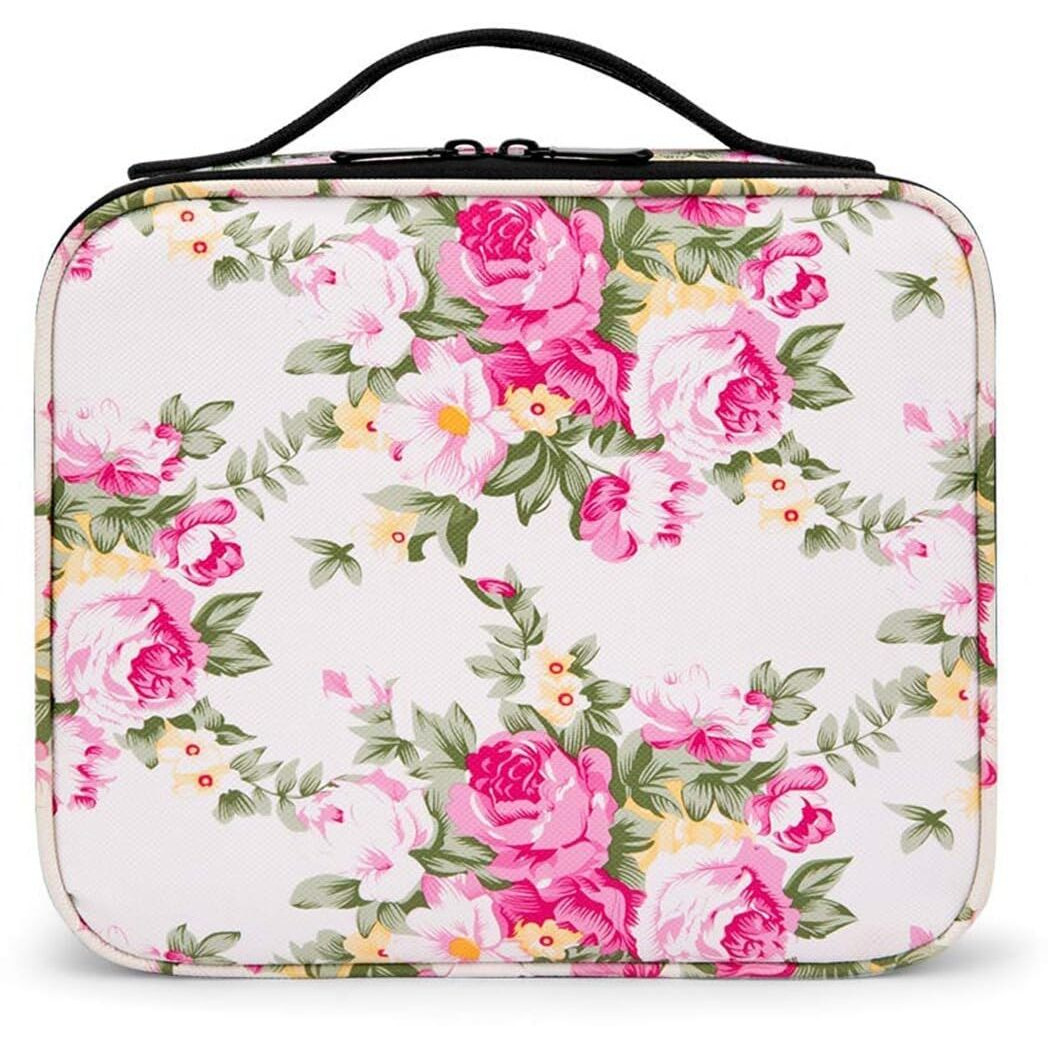 INOVERA (LABEL) Faux Leather Makeup Organizer Bag for Women, Girls & Bride - Travel Cosmetic Kit Storage Organiser - Toiletry Vanity Box with Adjustable Compartment, 26l x 23b x 9h cm (White Printed)
