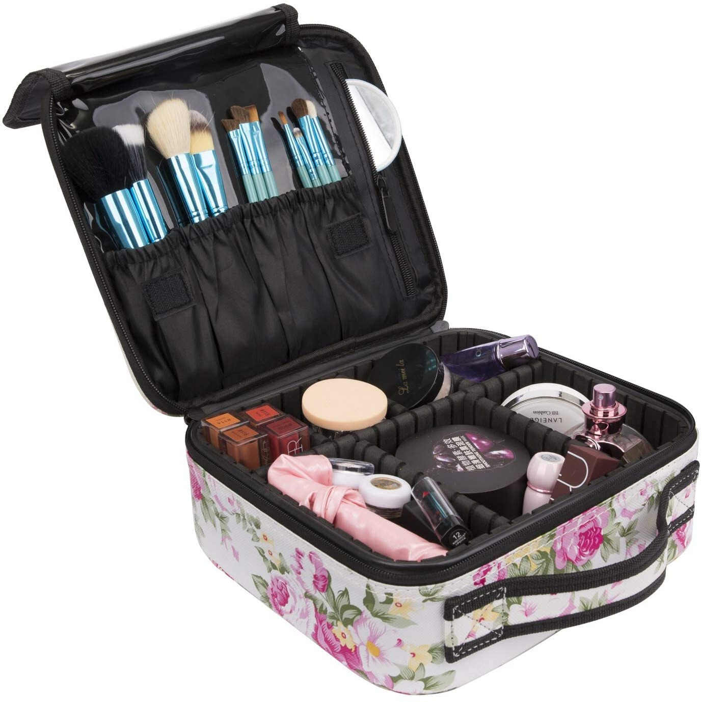 INOVERA (LABEL) Faux Leather Makeup Organizer Bag for Women, Girls & Bride - Travel Cosmetic Kit Storage Organiser - Toiletry Vanity Box with Adjustable Compartment, 26l x 23b x 9h cm (White Printed)