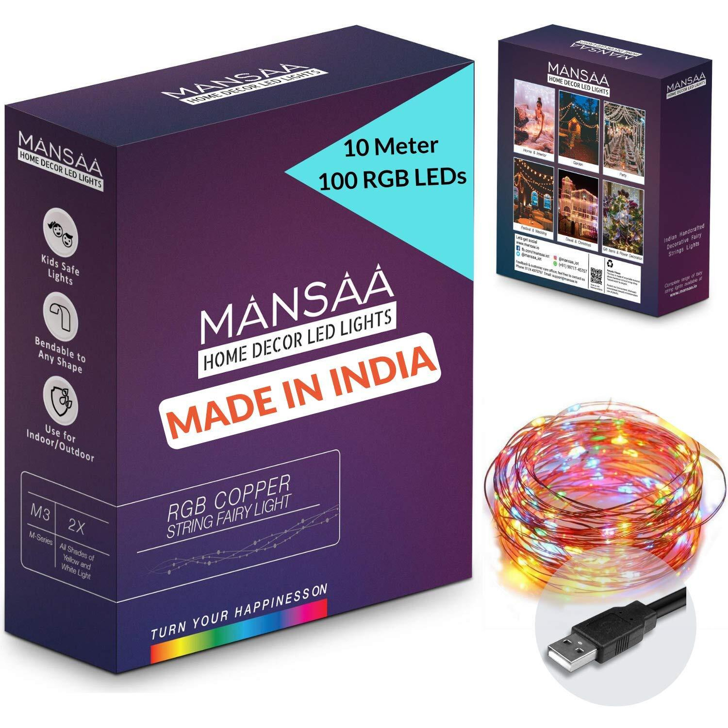 MANSAA Lights for Decoration | 18 Months Warranty | 10 Meter, 100 LEDs | Fairy Lights for Room Decoration, Led Lights for Decoration, Light for Home Decoration, USB Operated (Multicolor, Pack of 1)