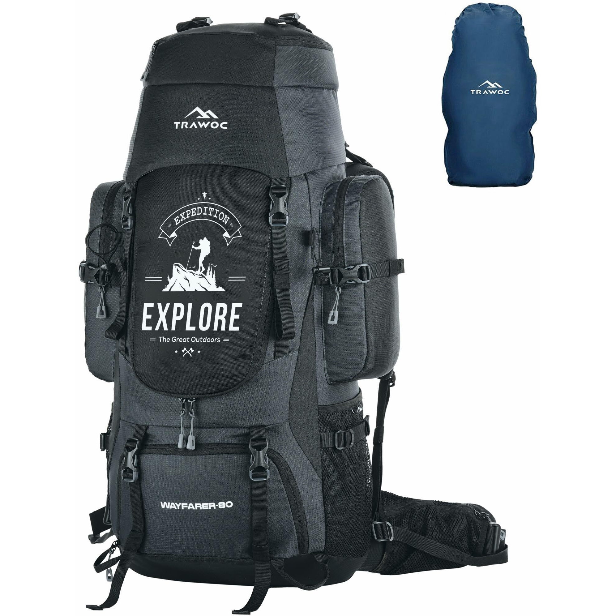 TRAWOC WAYFARER 80L Camping Hiking Trekking Bag Travel Rucksack for Men & Women with Rain Cover/Shoe Compartment BHK004 3 Year Warranty (Grey Black)