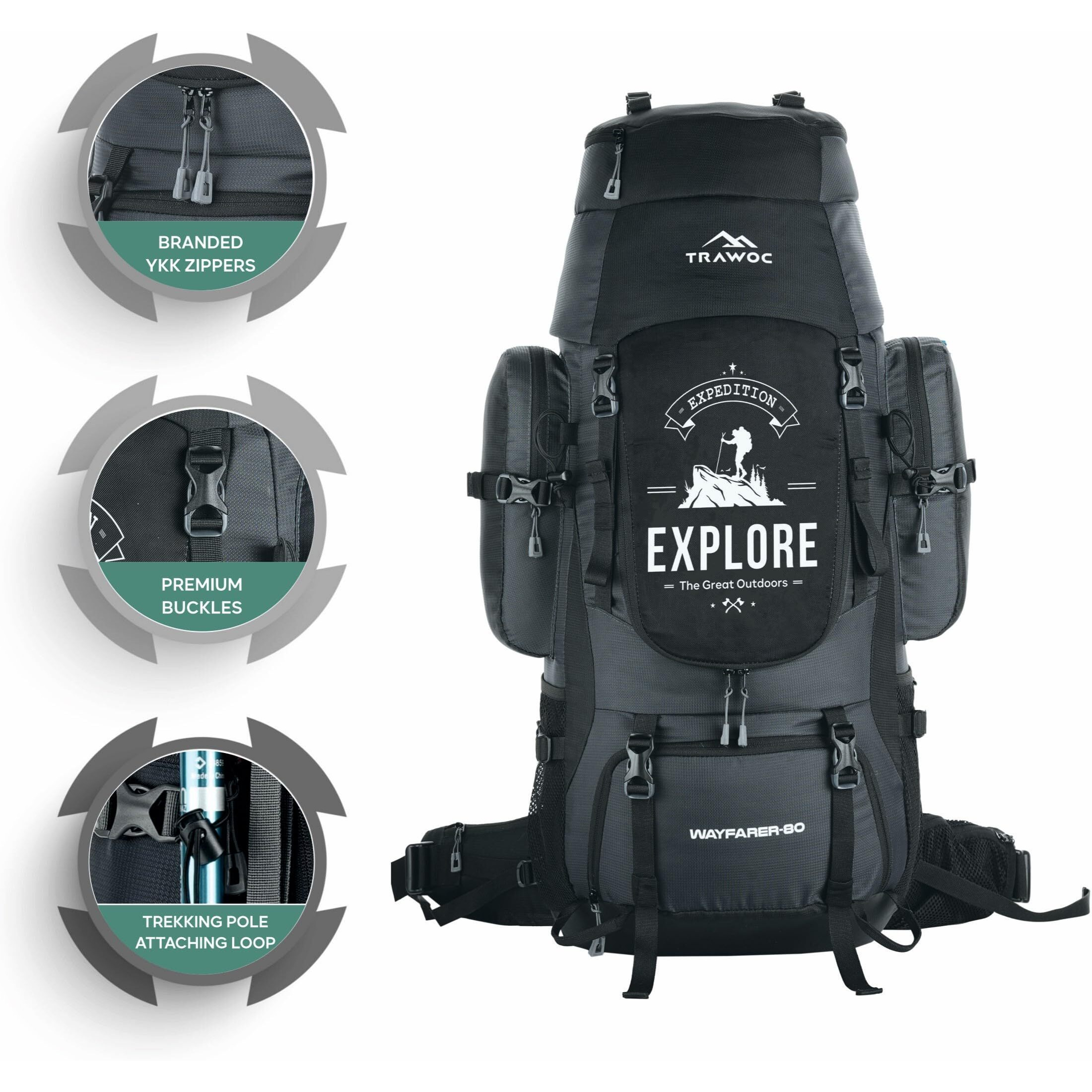 TRAWOC WAYFARER 80L Camping Hiking Trekking Bag Travel Rucksack for Men & Women with Rain Cover/Shoe Compartment BHK004 3 Year Warranty (Grey Black)