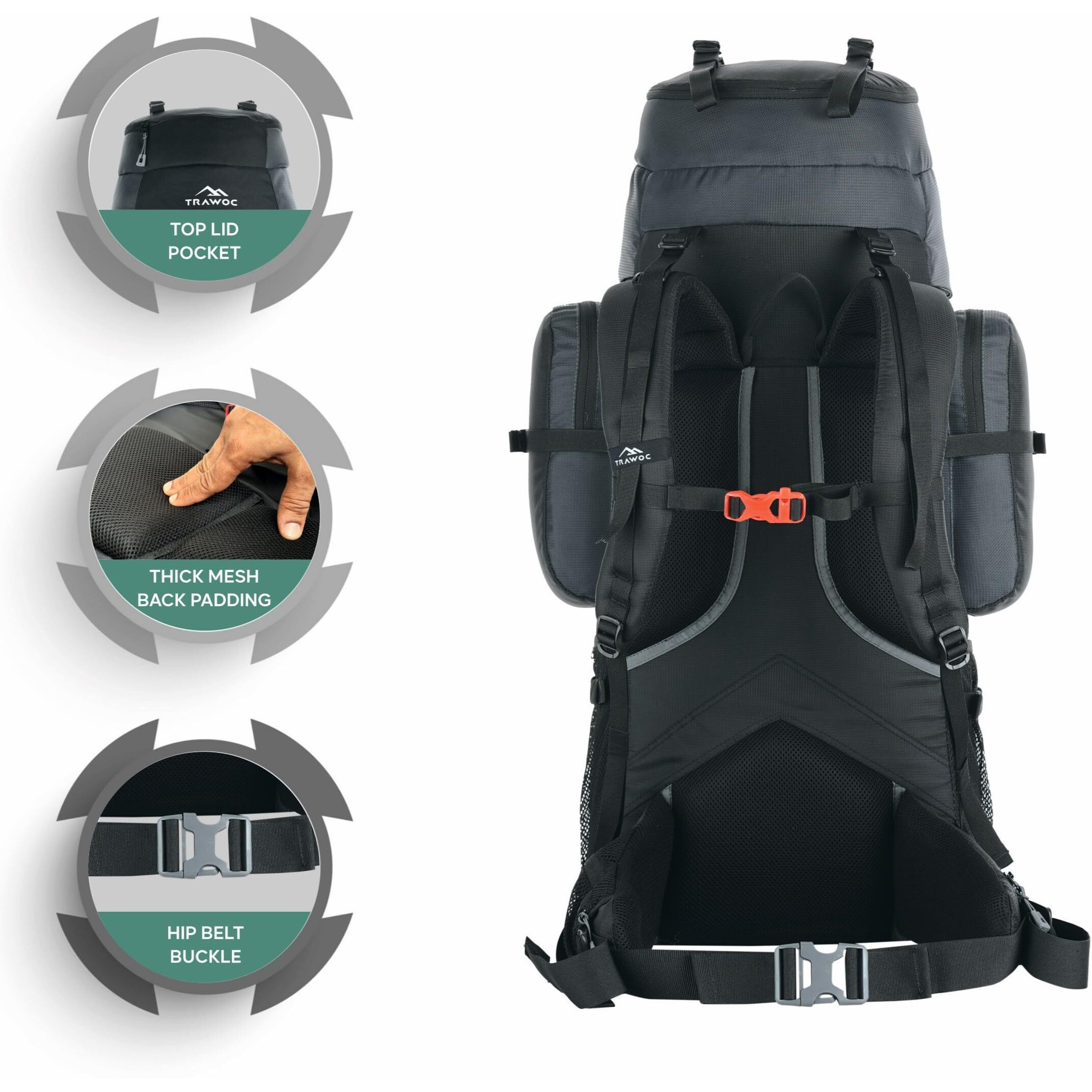 TRAWOC WAYFARER 80L Camping Hiking Trekking Bag Travel Rucksack for Men & Women with Rain Cover/Shoe Compartment BHK004 3 Year Warranty (Grey Black)