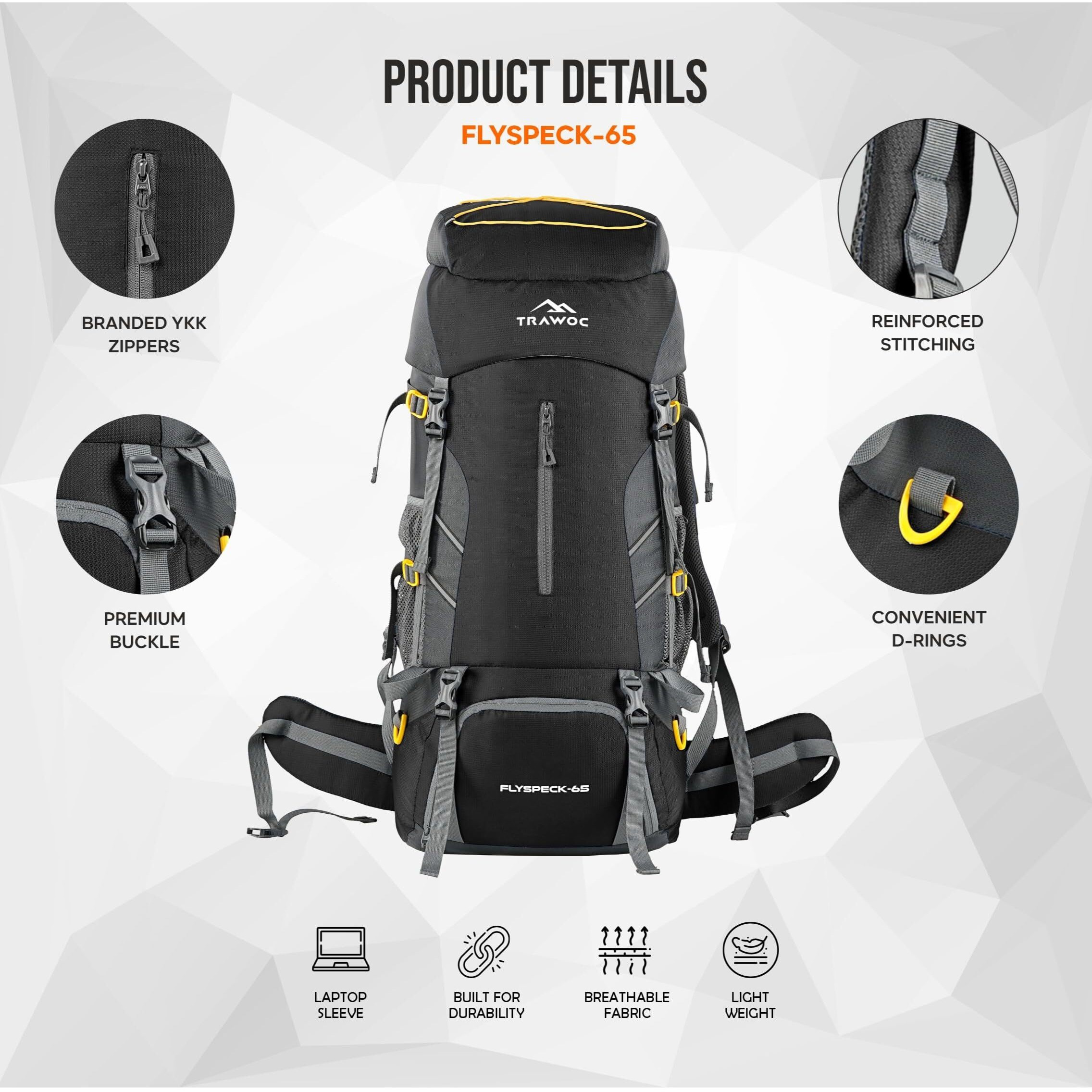 TRAWOC FLYSPECK 65 Liter Hiking Trekking Bag Camping Rucksack Travel Backpack for Men & Women with Shoe Compartment MHK001, 3 Year Warranty, Black