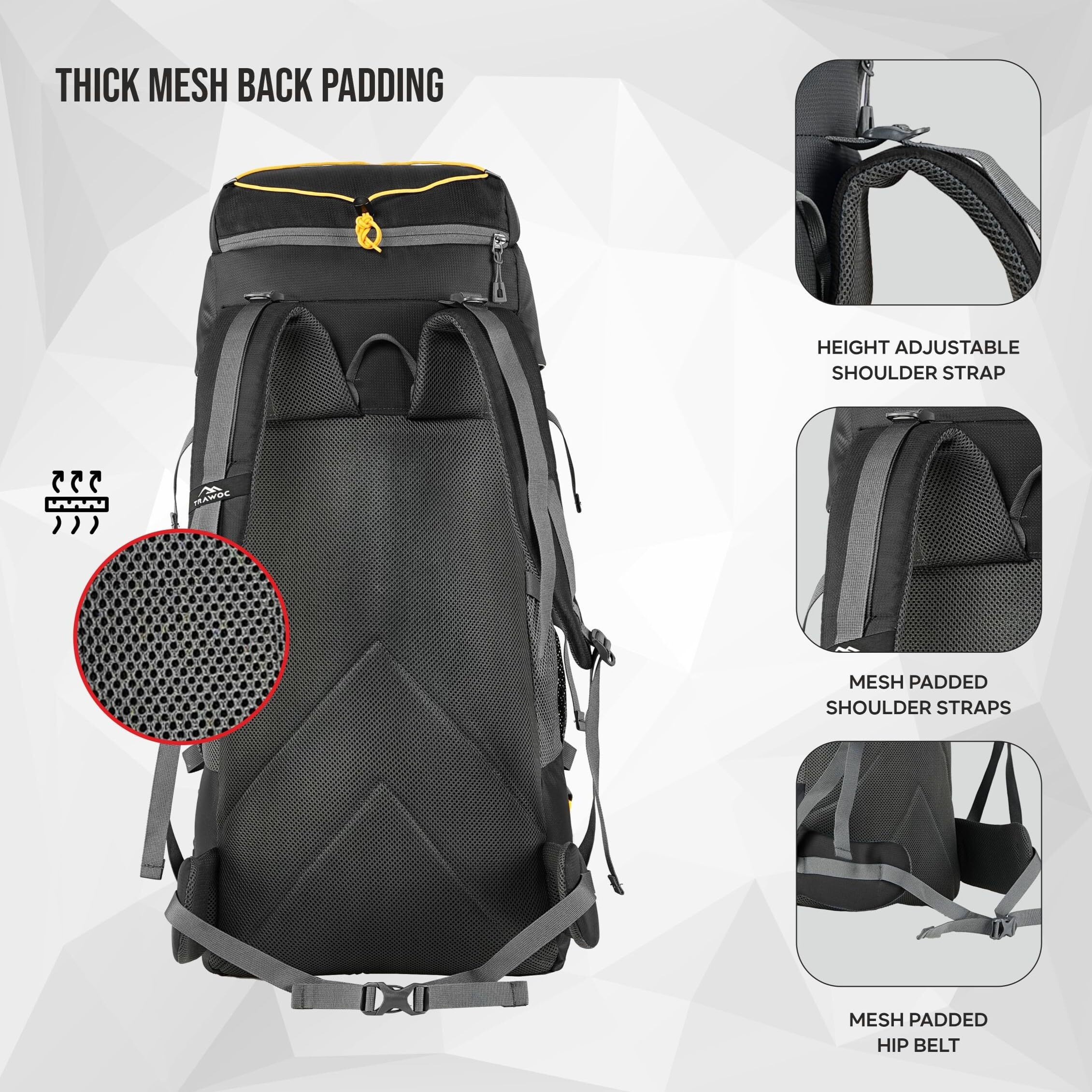 TRAWOC FLYSPECK 65 Liter Hiking Trekking Bag Camping Rucksack Travel Backpack for Men & Women with Shoe Compartment MHK001, 3 Year Warranty, Black