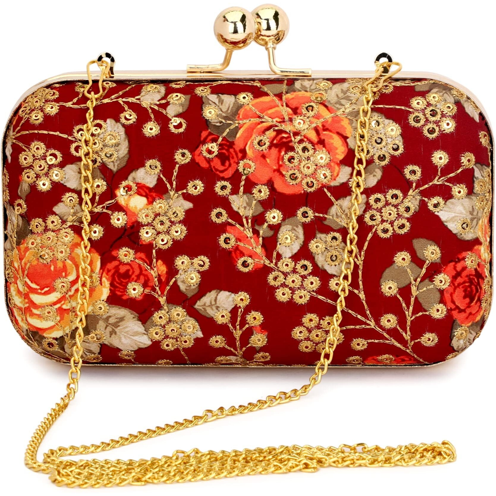 TOOBA Women Handicraft Beautiful Bling Box Clutch Bag Purse For Bridal, Casual, Party, Wedding (Maroon Embroidered)