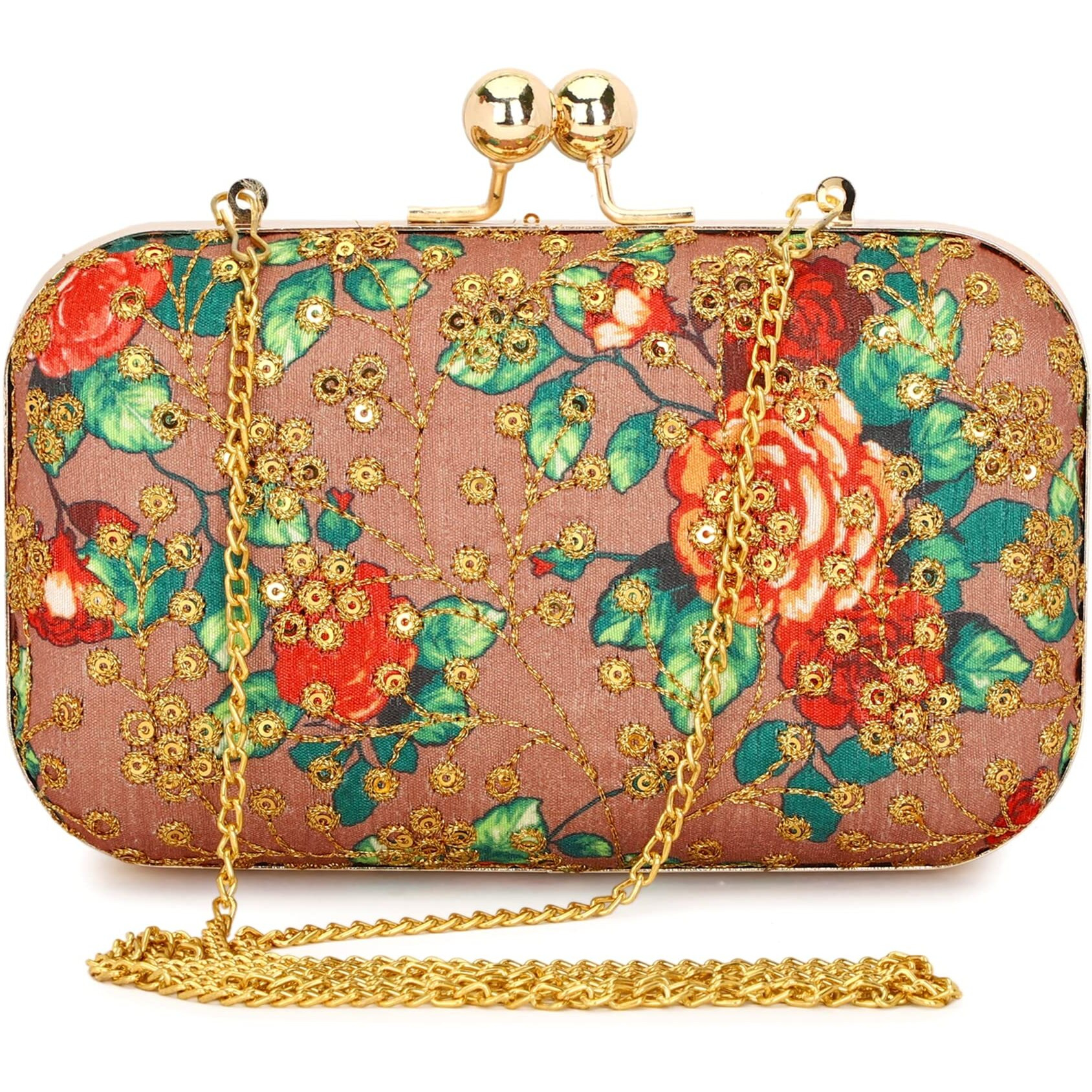 TOOBA Women Handicraft Beautiful Bling Box Clutch Bag Purse for Bridal, Casual, Wedding Bag for Women & Girls (Gold Embroidered)