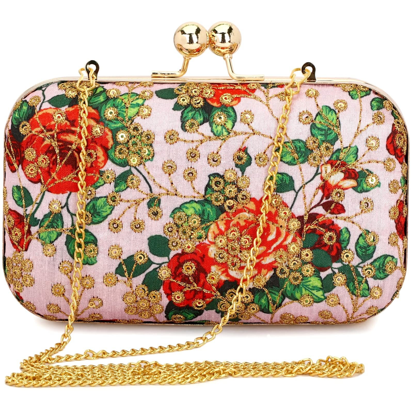TOOBA Women Handicraft Beautiful Bling Box Clutch Bag Purse for Bridal, Casual, Wedding Bag for Women & Girls (Pink Embroidered)