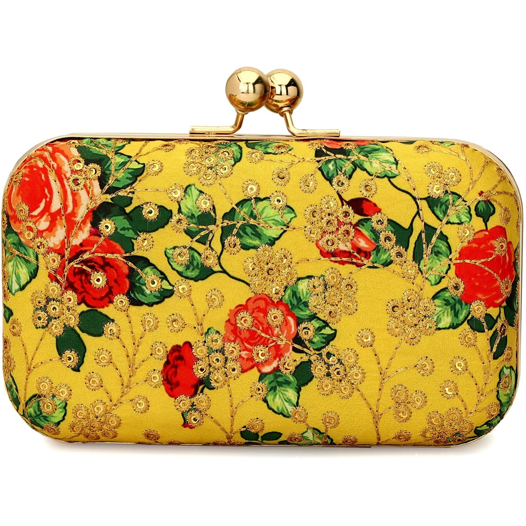 TOOBA Women Handicraft Beautiful Bling Box Clutch Bag Purse for Bridal, Casual, Wedding Bag for Women & Girls (Yellow Embroidered)