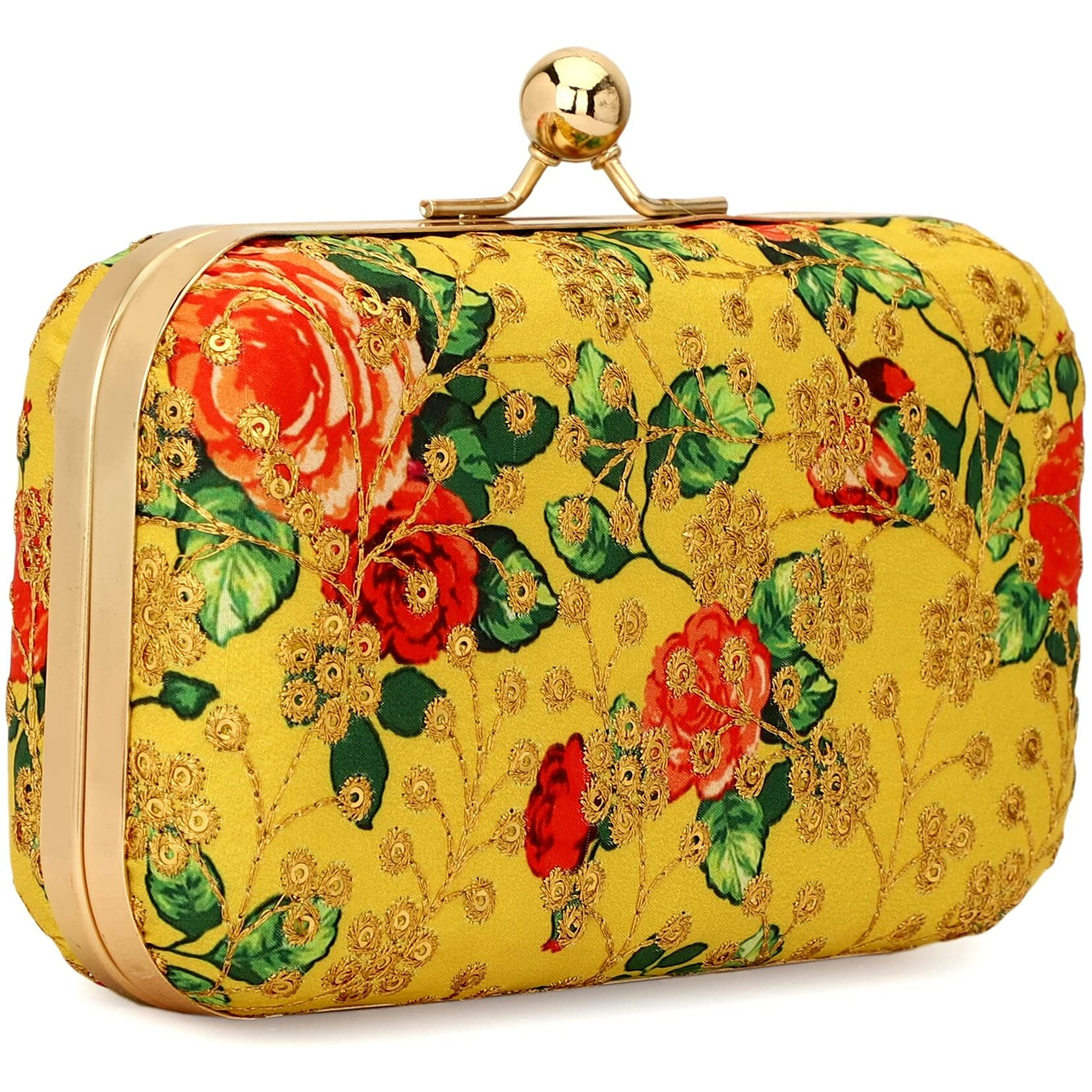 TOOBA Women Handicraft Beautiful Bling Box Clutch Bag Purse for Bridal, Casual, Wedding Bag for Women & Girls (Yellow Embroidered)