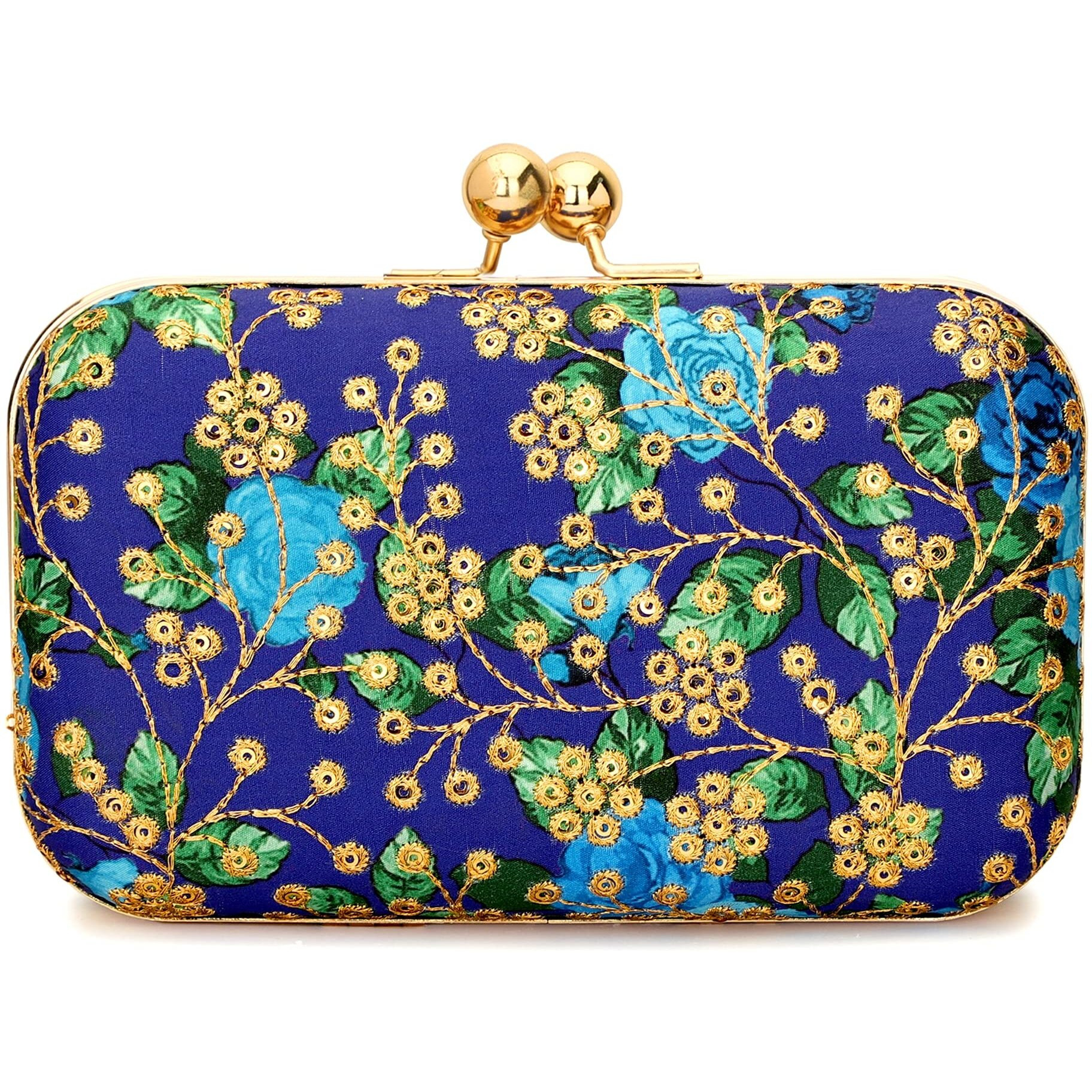 TOOBA Women Handicraft Beautiful Bling Box Clutch Bag Purse for Bridal, Casual, Wedding Bag for Women & Girls (Blue Embroidered)