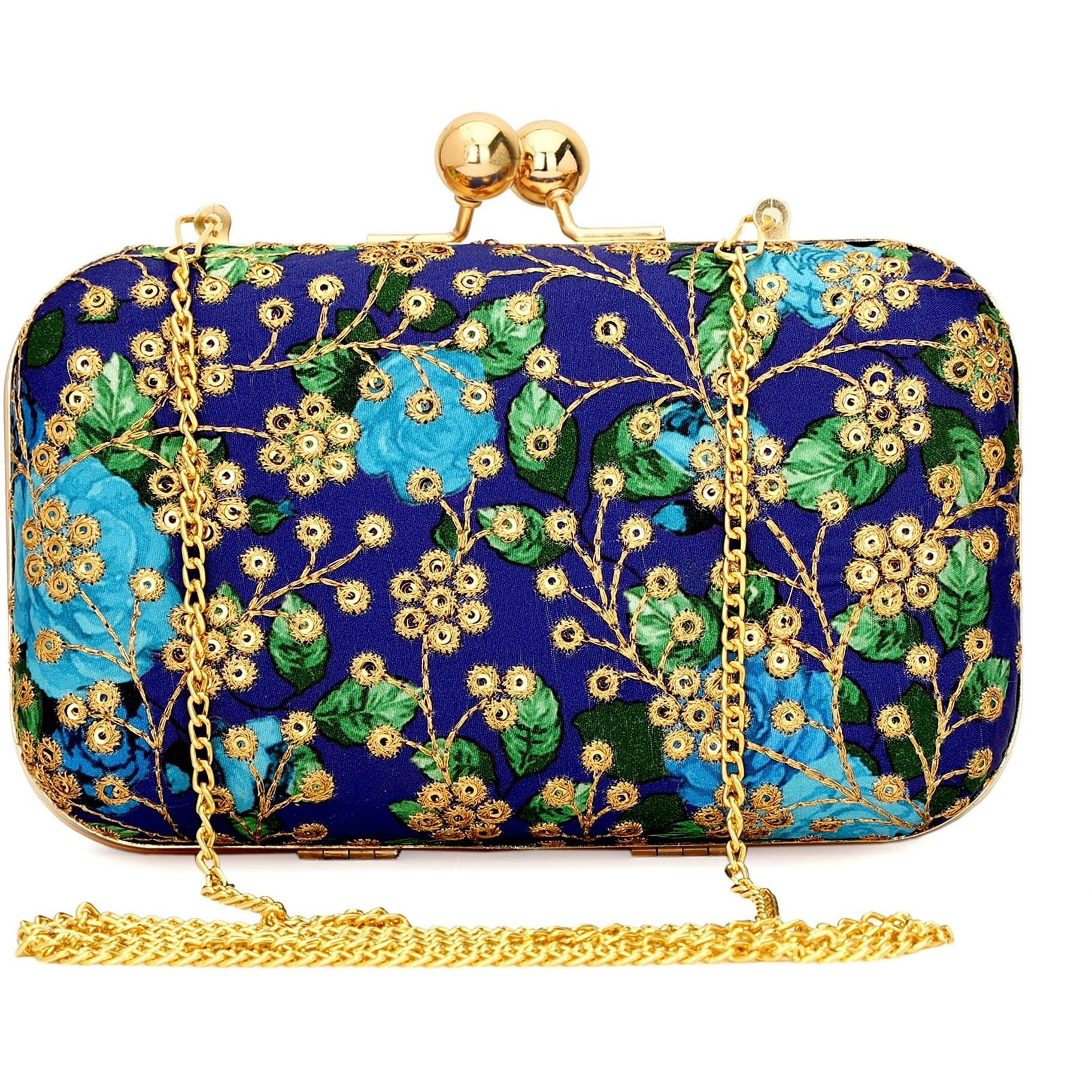 TOOBA Women Handicraft Beautiful Bling Box Clutch Bag Purse for Bridal, Casual, Wedding Bag for Women & Girls (Blue Embroidered)