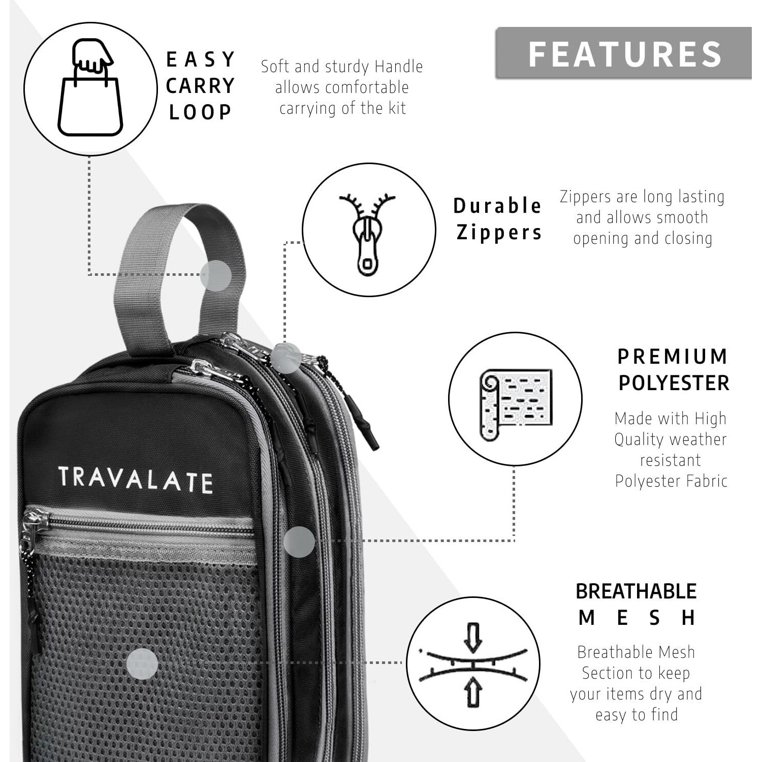 Travalate Polyester Cosmetic Makeup Pouch with Multi Pockets, Shaving Kit Toiletry Bag, Waterproof Travel Toiletry Kit for Women and Men  Black