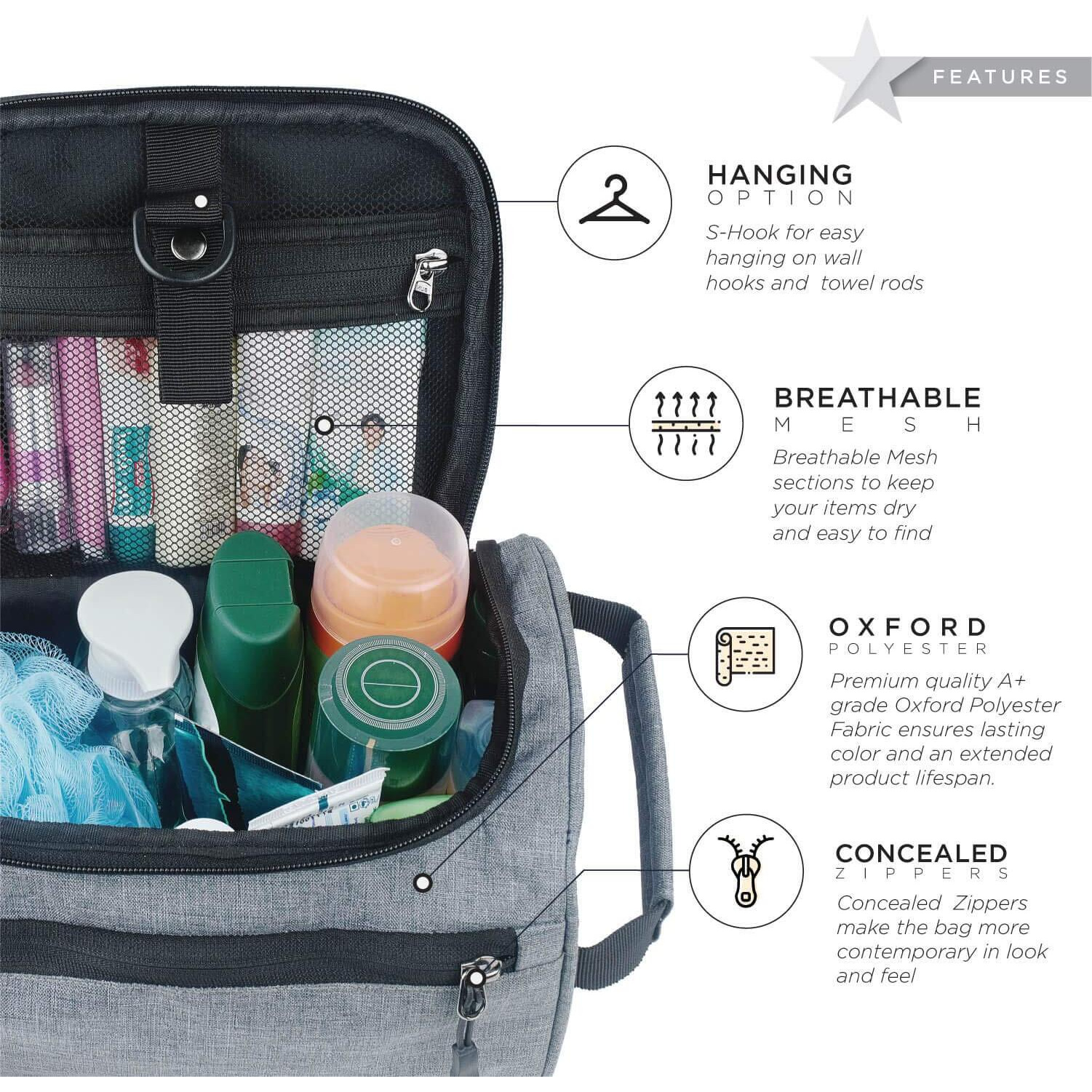 FATMUG 6 Cms Travel Toiletry Organizer Hanging Dopp Kit for Men, Cosmetics Pouch for Women -Light Grey