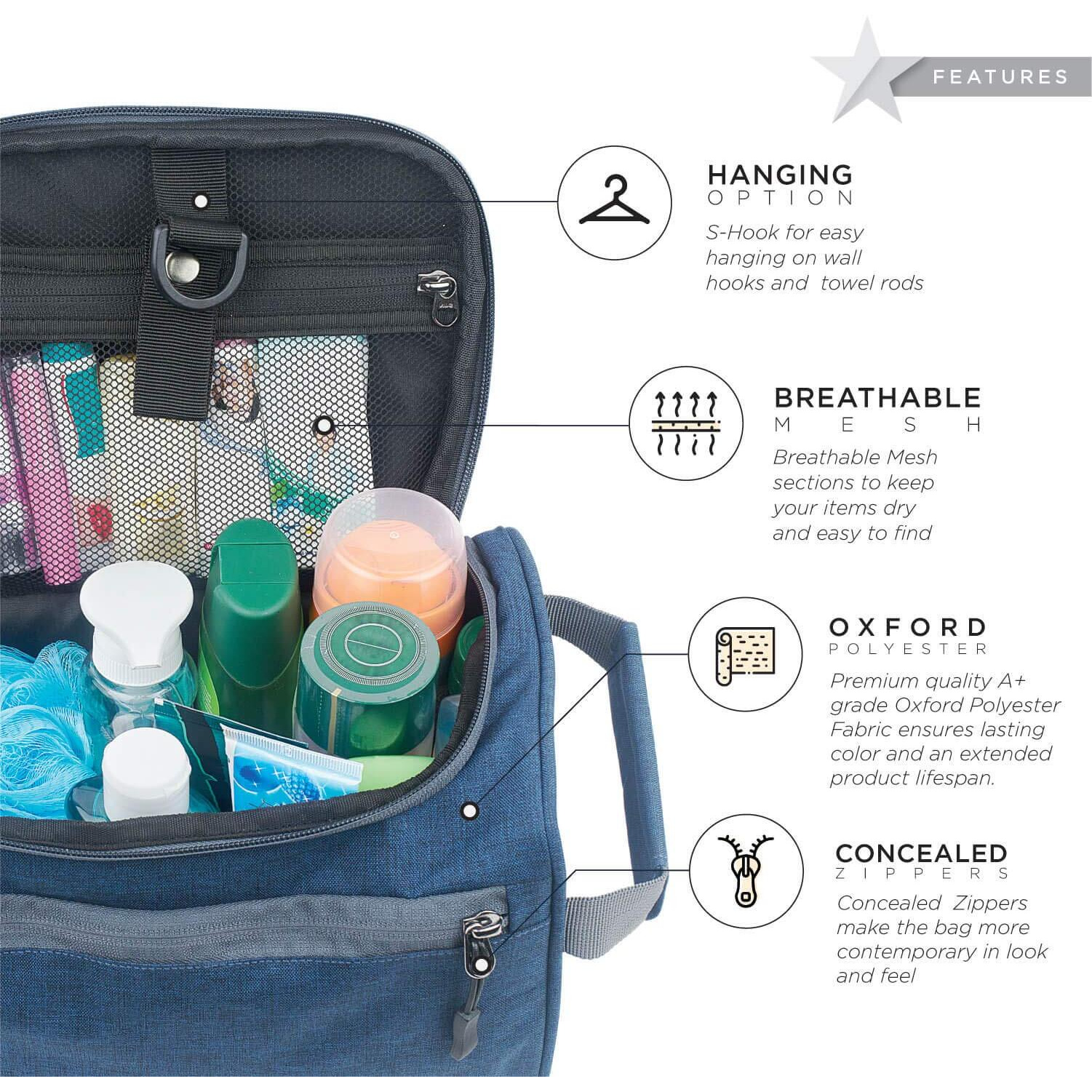 FATMUG Travel Toiletry Organizer Hanging Dopp Kit For Men, Cosmetics Pouch For Women - Navy Blue - 6 In, S