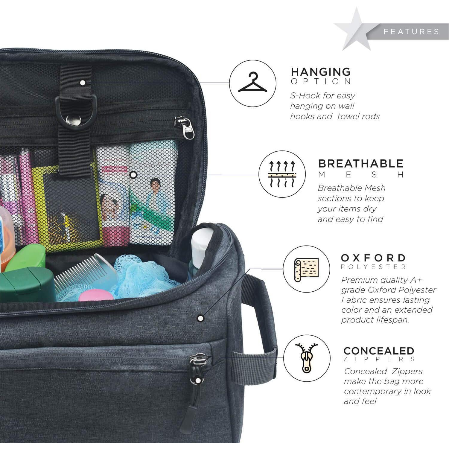 FATMUG Travel Bag -Toiletry Organizer Hanging Dopp Kit For Men, Cosmetics Pouch For Women- Dark Grey - 6 Cm, S