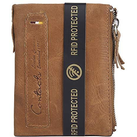 Contacts Men s Genuine Leather Wallet | RFID Blocking Wallet for Men | Bifold Zip Wallet| 7 Card Slots, 1 ID Window (Beige)