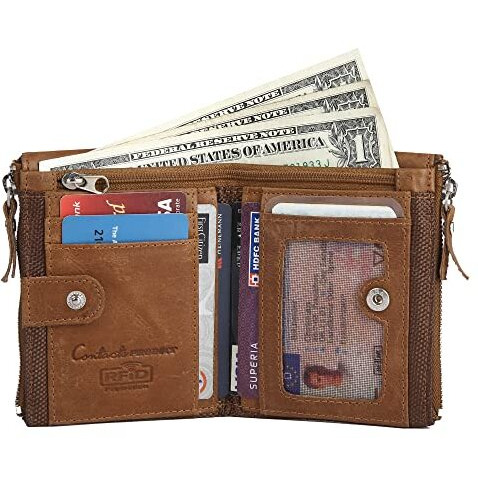 Contacts Men s Genuine Leather Wallet | RFID Blocking Wallet for Men | Bifold Zip Wallet| 7 Card Slots, 1 ID Window (Beige)