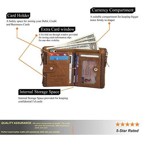 Contacts Men s Genuine Leather Wallet | RFID Blocking Wallet for Men | Bifold Zip Wallet| 7 Card Slots, 1 ID Window (Beige)