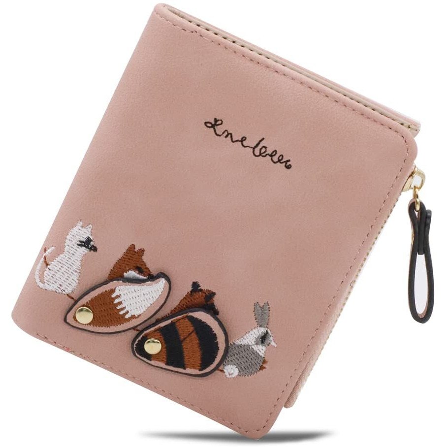 PALAY Wallets for Women Stylish PU Leather Coins Zipper Pocket Cute Mini Animals Embroidery Short Wallet Card Holder Billfold Purse Wallet Gift for Girls (Pink)