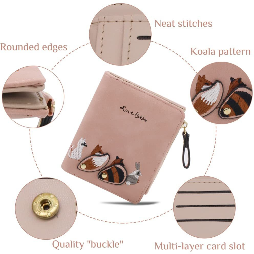 PALAY Wallets for Women Stylish PU Leather Coins Zipper Pocket Cute Mini Animals Embroidery Short Wallet Card Holder Billfold Purse Wallet Gift for Girls (Pink)