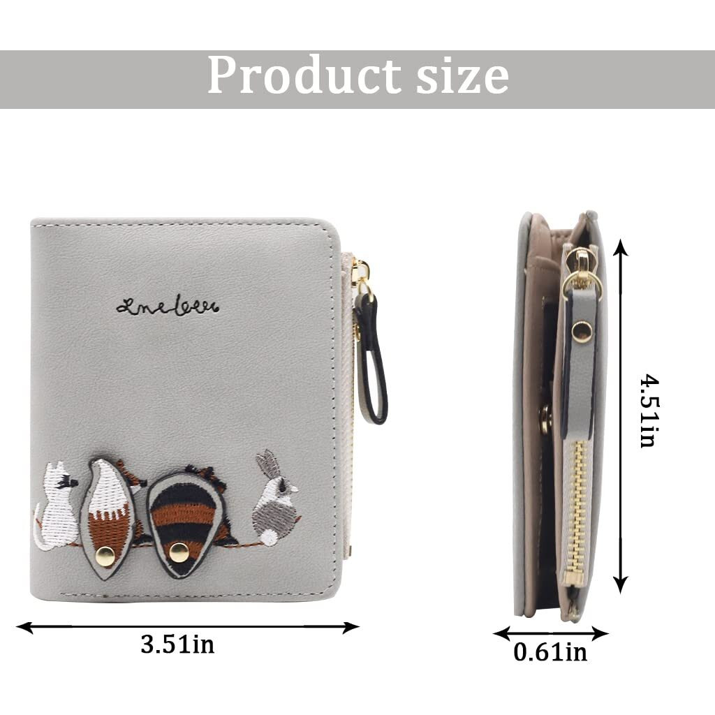 PALAY Small Wallets For Women, Cute Mini Animals Embroidery, Short Wallet Card Holder Billfold Leather Purse Wallet Gift For Girls (Grey)