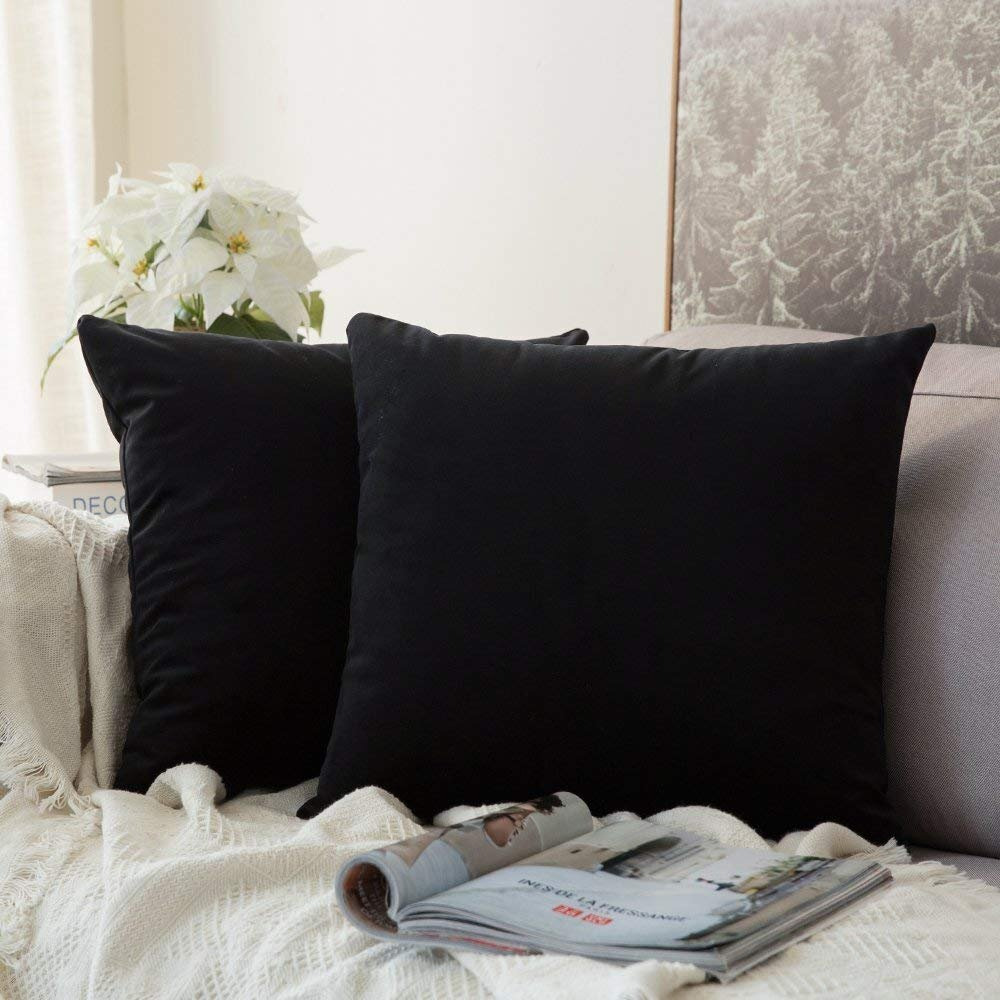 Khooti Velvet Cushion Cover, 28x28 (Black)(Pack of 1)