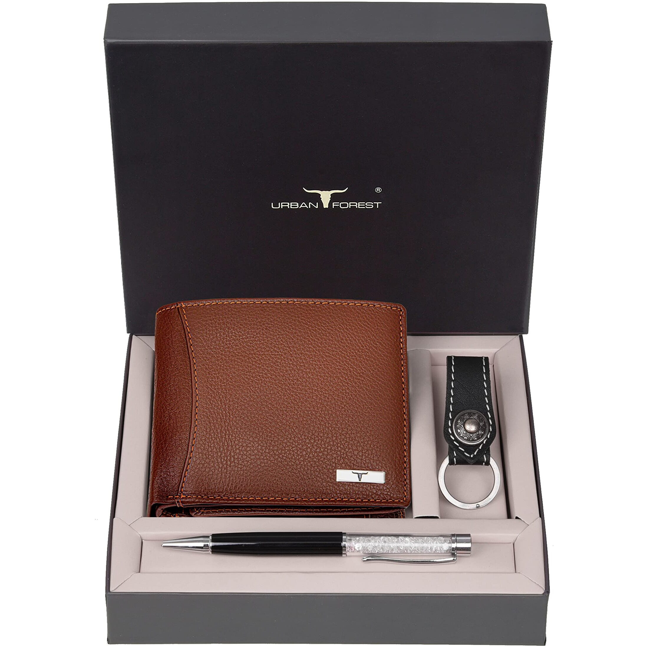 URBAN FOREST Oliver Redwood Leather Wallet, Black Keychain & Pen Combo Gift Set for Men