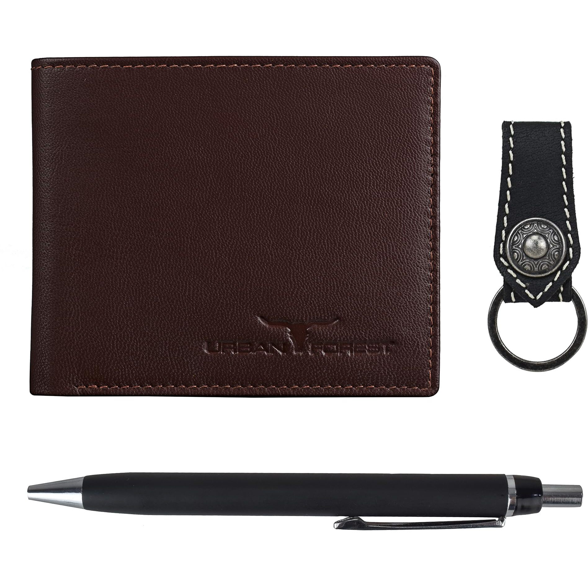 URBAN FOREST James Leather Wallet Combo for Men - Classic Medium Brown Men s Leather Wallet, Keyring & Pen Combo Gift Set for Men