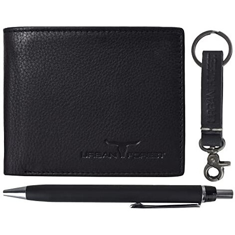 URBAN FOREST Weasley Black Leather Wallet, Keyring & Pen Combo Gift Set for Men