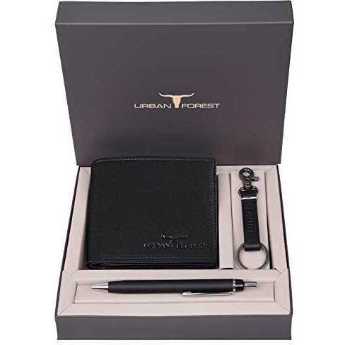 URBAN FOREST Weasley Black Leather Wallet, Keyring & Pen Combo Gift Set for Men
