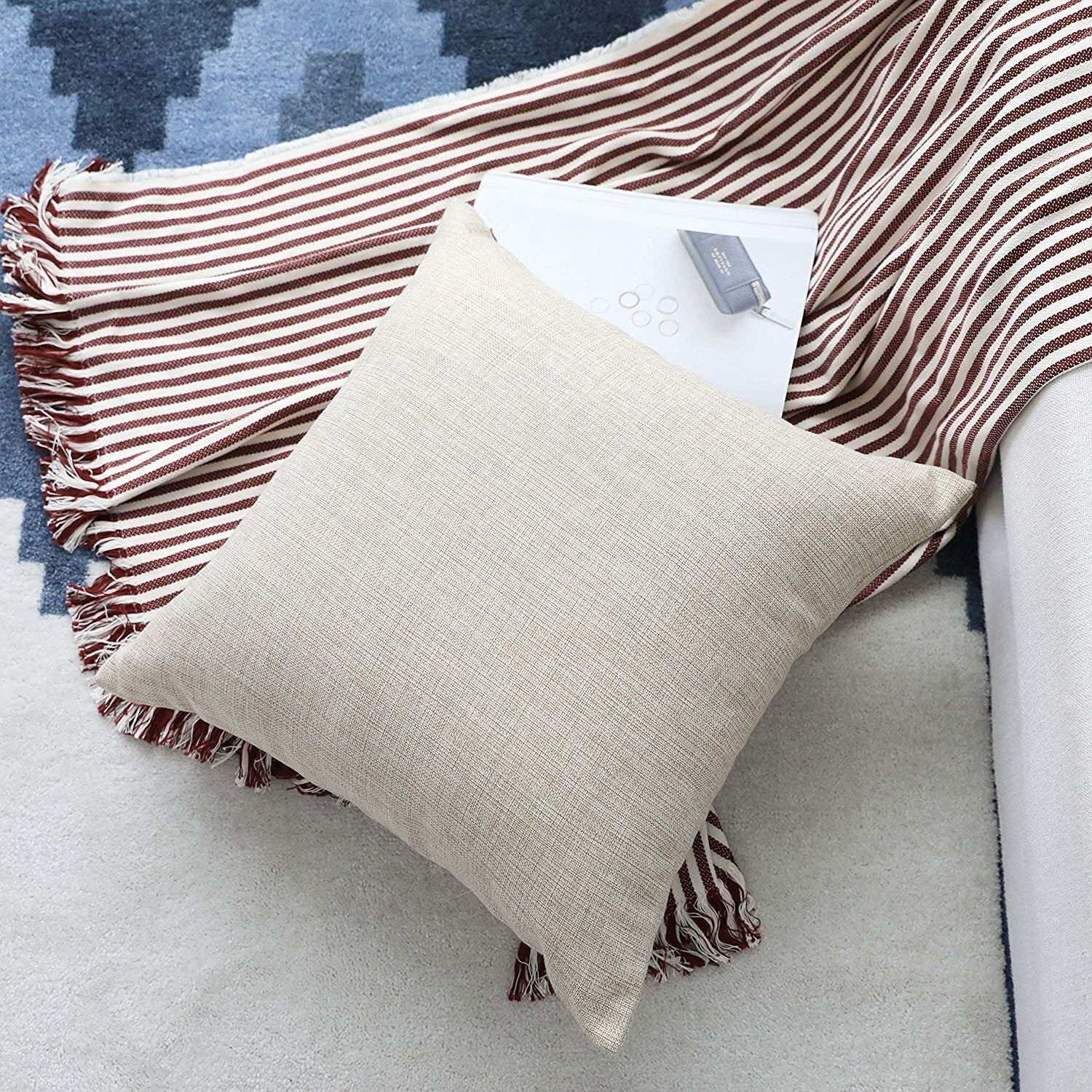 Khooti Fabric Jute Cushion Cover-Pack of 2 (20x20 , Light Linen)
