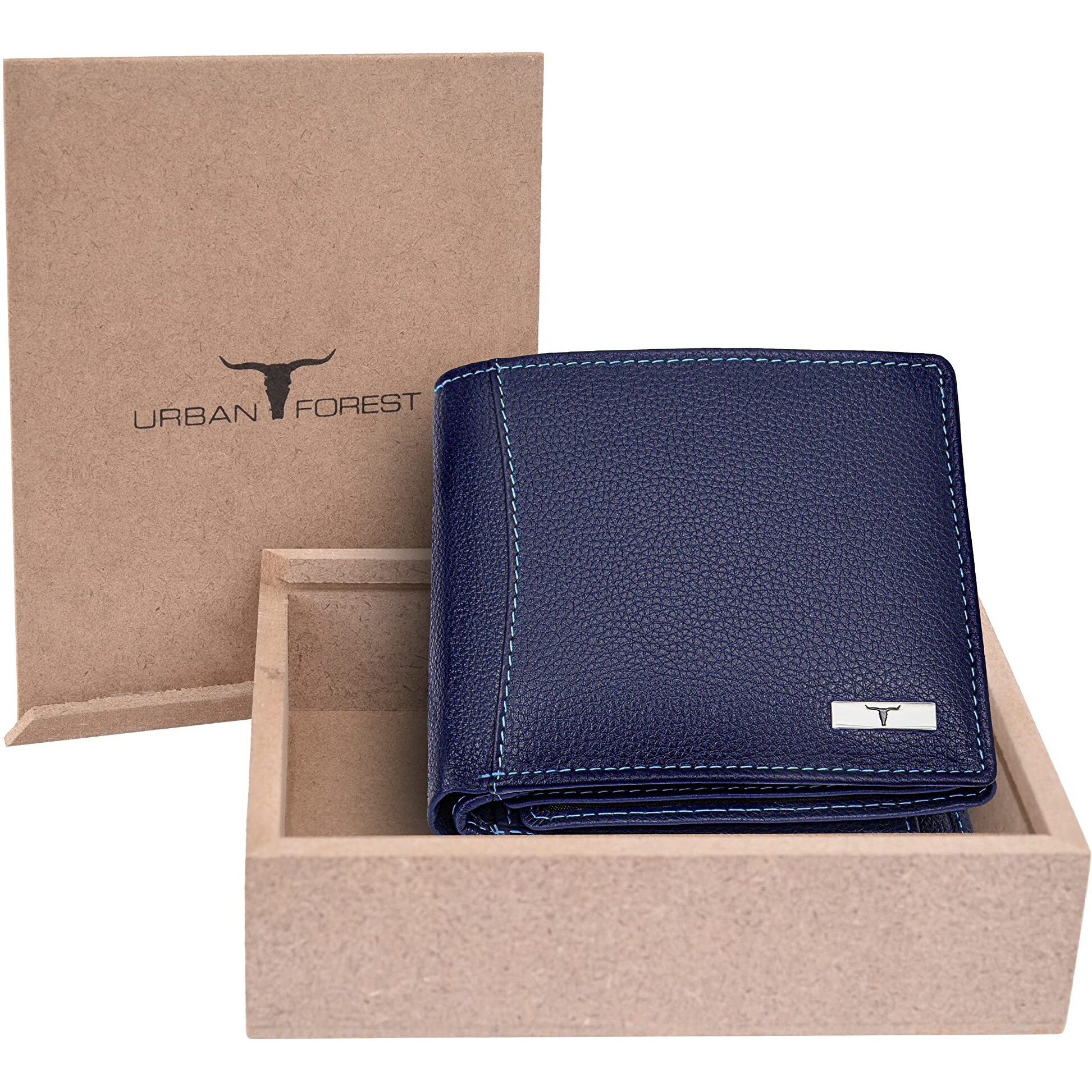 URBAN FOREST Oliver Blue Leather Wallet for Men - Packed in Premium Wooden Box for Festive Gifting