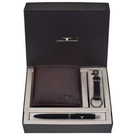 URBAN FOREST Weasley Brown Leather Wallet, Keyring & Pen Combo Gift Set for Men
