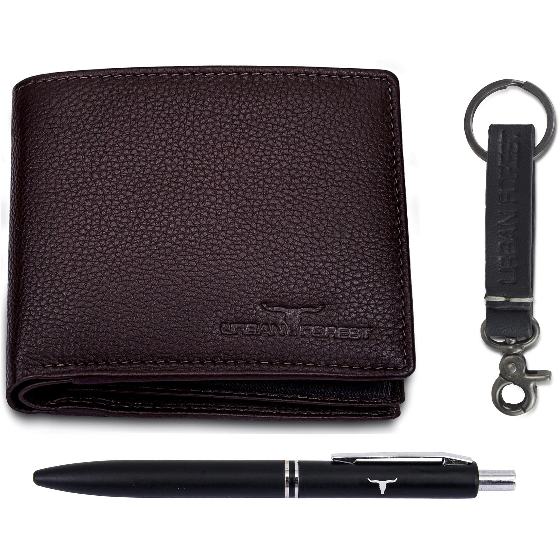 URBAN FOREST Weasley Brown Leather Wallet, Keyring & Pen Combo Gift Set for Men