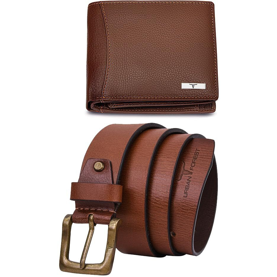URBAN FOREST Brian Redwood Leather Wallet & Redwood Casual Textured Belt Combo Gift Set for Men