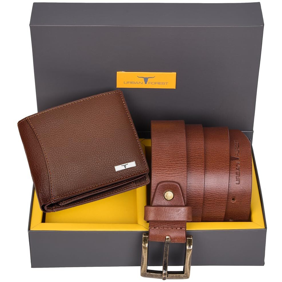 URBAN FOREST Brian Redwood Leather Wallet & Redwood Casual Textured Belt Combo Gift Set for Men