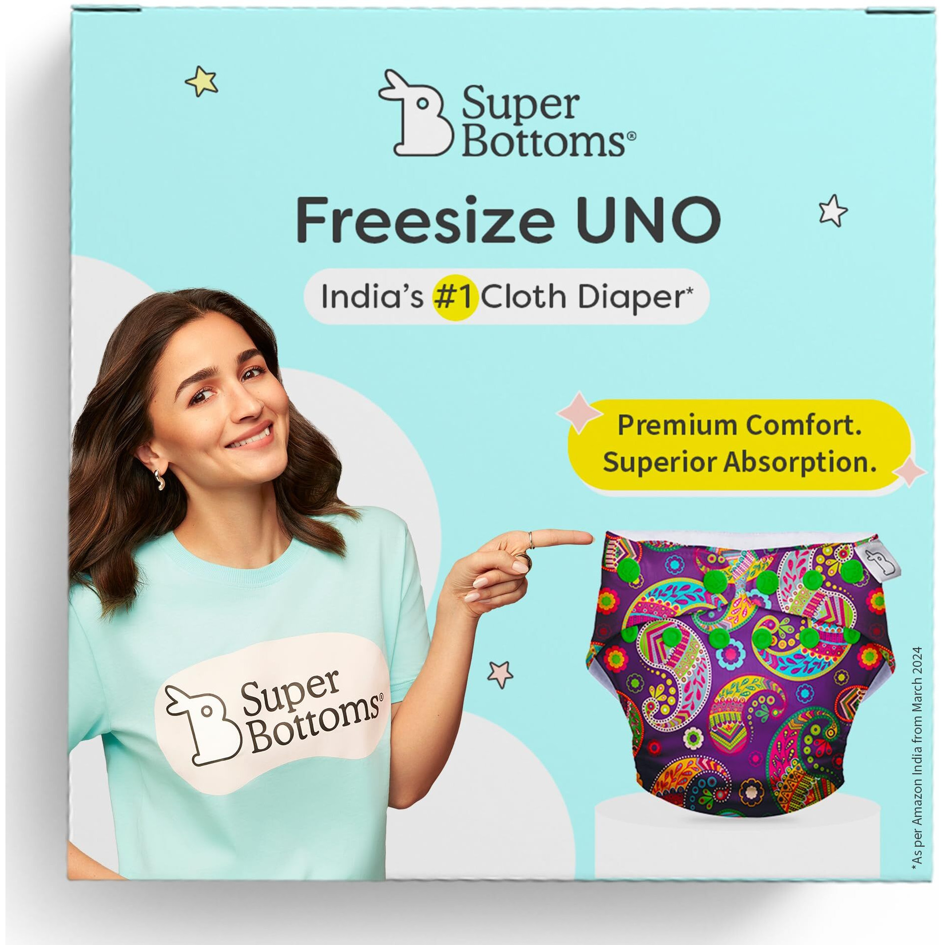 SuperBottoms UNO Freesize Cloth Diaper Pack of 2 (1 Waterproof Outer + 1 Organic Cotton Dry Feel Magic) Washable & Reusable Cloth diaper for babies 0 to 3 years