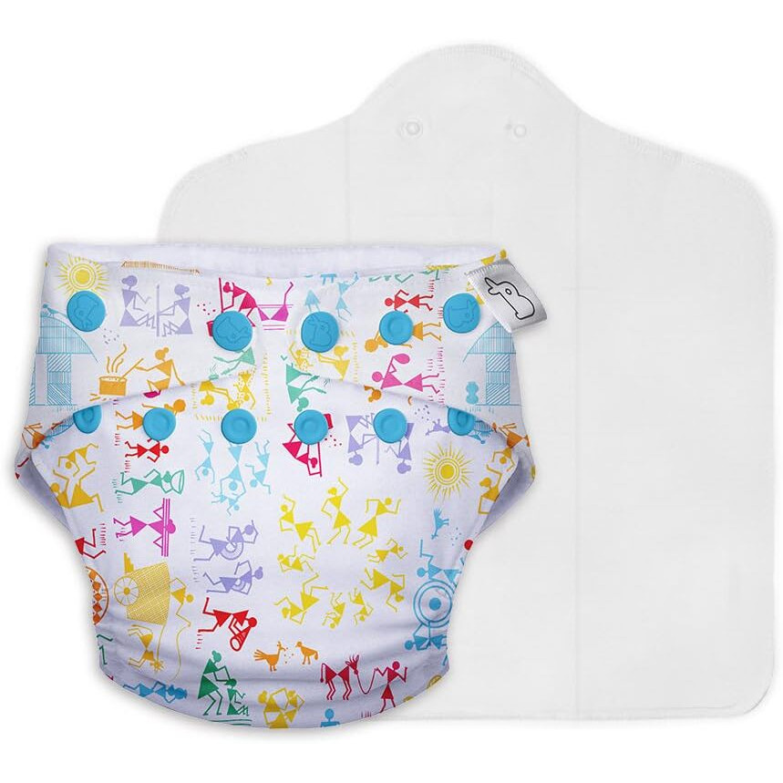 SuperBottoms UNO Freesize Cloth Diaper | Cloth diaper for babies 3M to 3Y | Washable & Reusable cloth diaper | Comes with cloth diaper inserts | 1 Organic Cotton Soaker (White Warli &lt3)