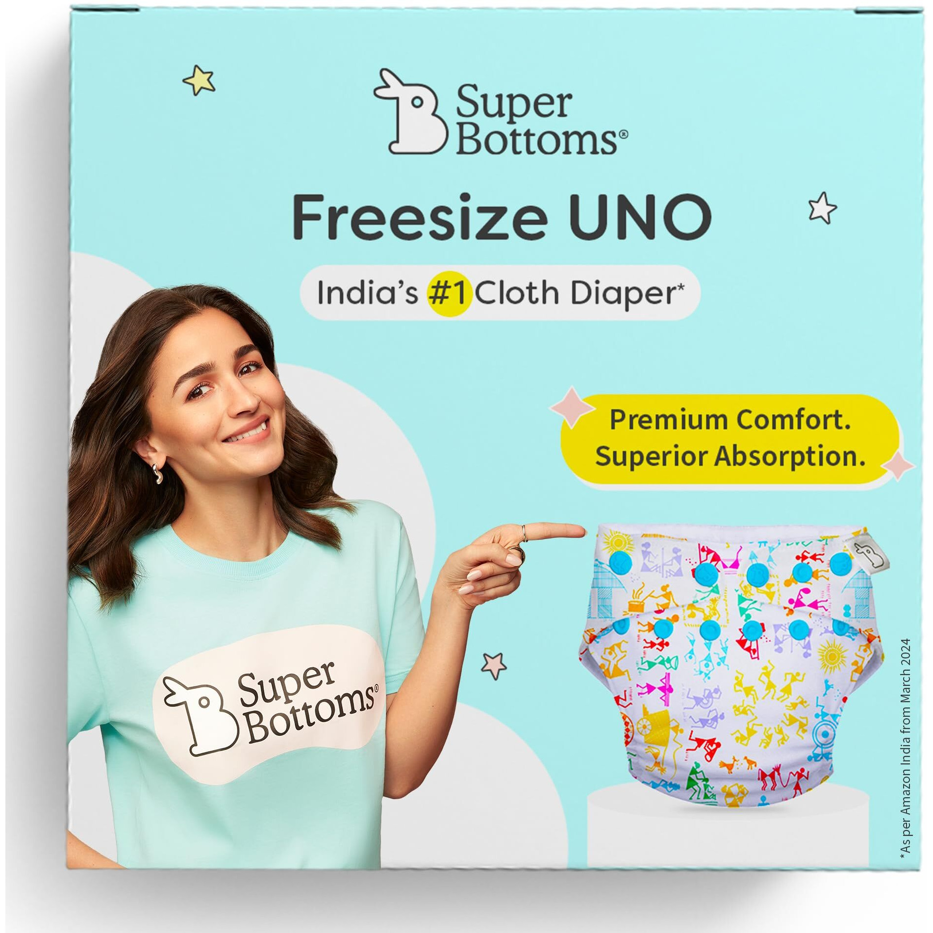 SuperBottoms UNO Freesize Cloth Diaper | Cloth diaper for babies 3M to 3Y | Washable & Reusable cloth diaper | Comes with cloth diaper inserts | 1 Organic Cotton Soaker (White Warli &lt3)