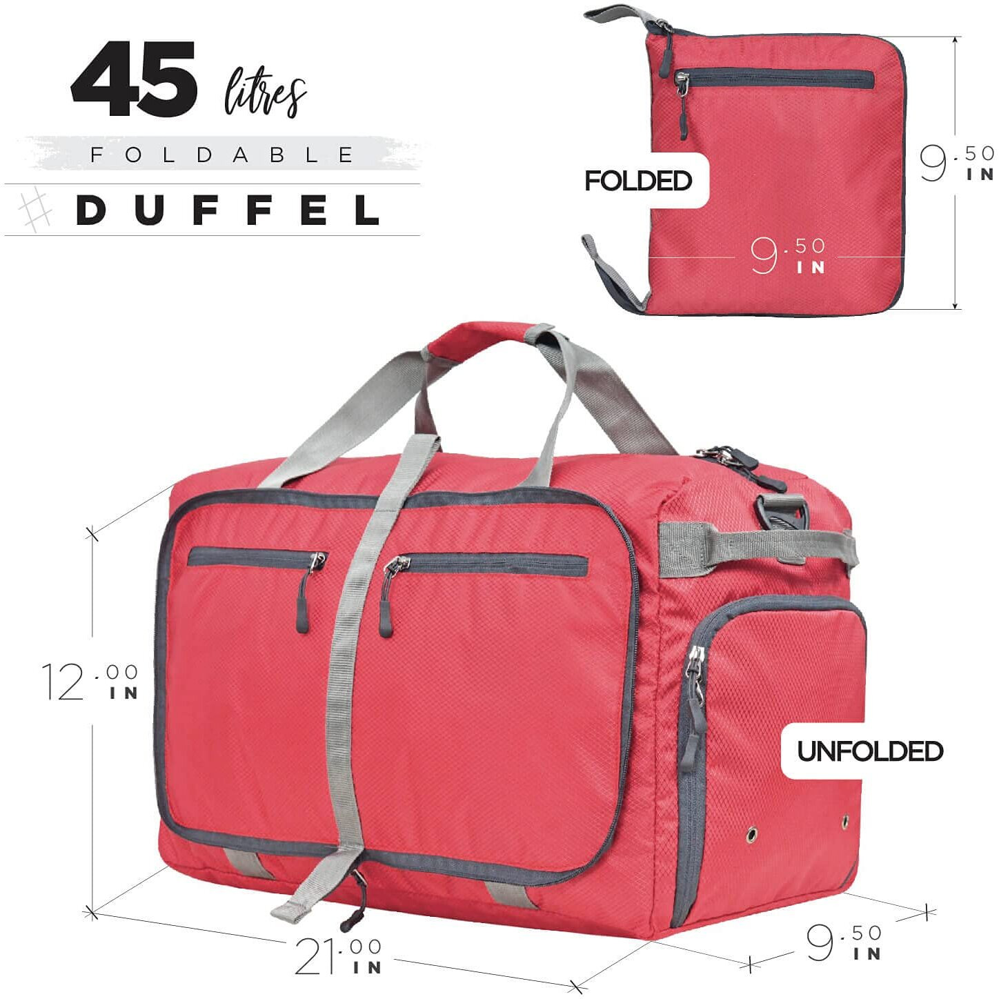 FATMUG Polyester Foldable Duffle Bag For Travel, Packing And Storage-Men And Women-45 L, Red, 53 x 24 x 30 Centimeters