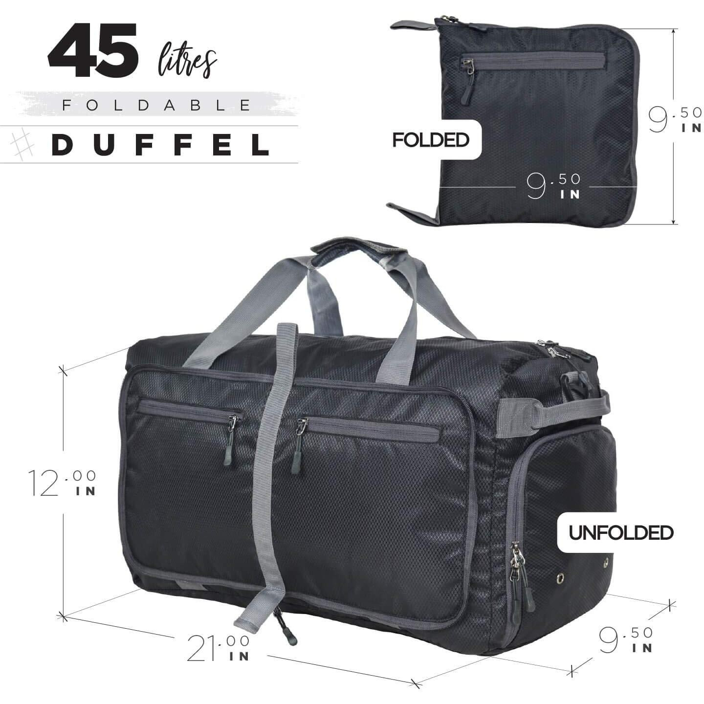 FATMUG Polyester Foldable Duffle Bag For Travel, Packing And Storage-Men And Women-45 L, Black, 53 x 24 x 30 Centimeters