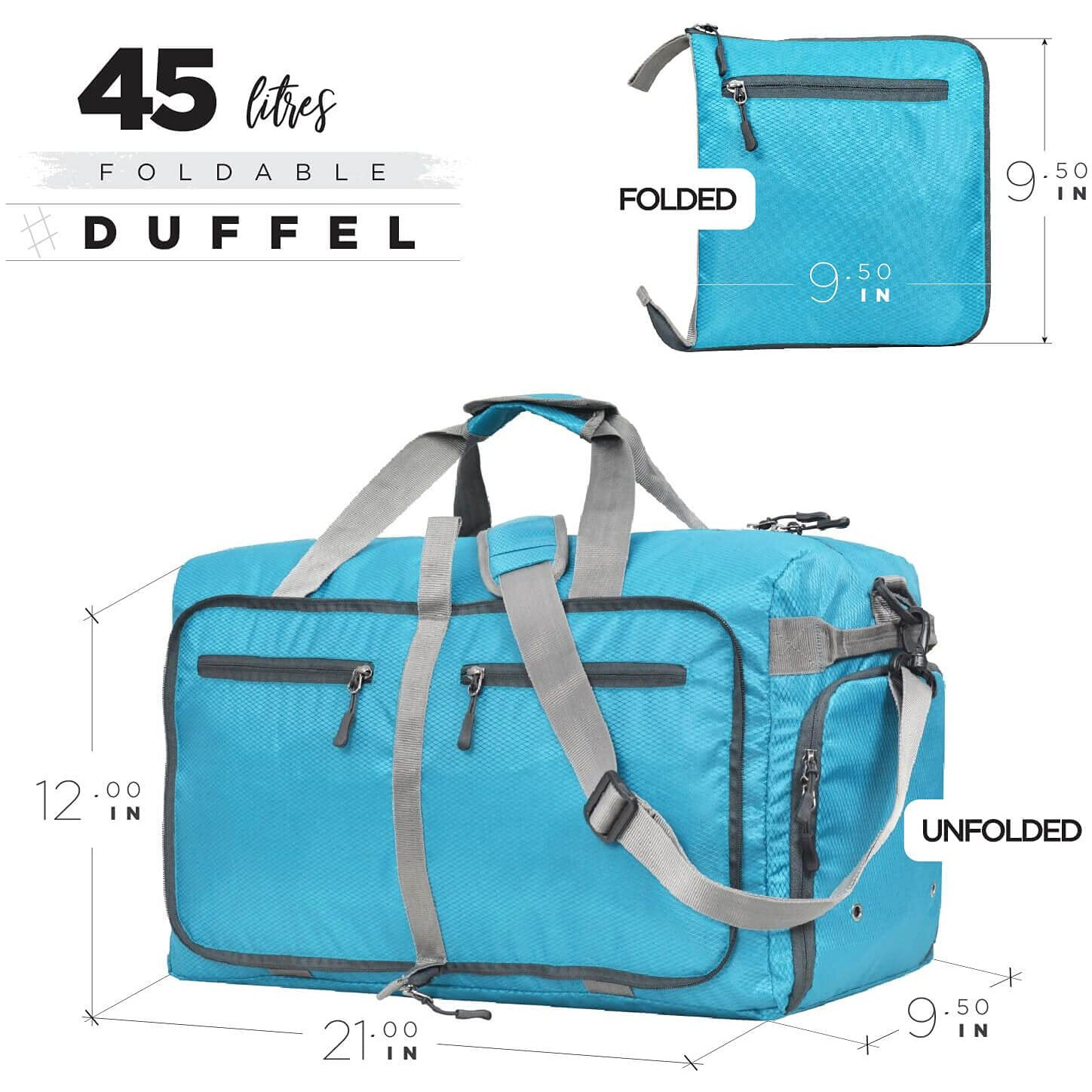 FATMUG Foldable Duffel Luggage Bag for Travel, Packing and Storage - Men and Women - 45 L, Sky Blue