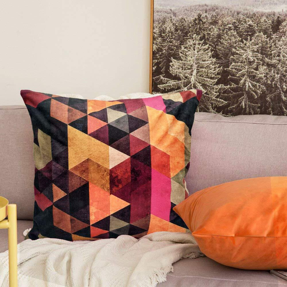 Khooti Velvet Cushion Cover, 16x16 (Triangular Orange)(Pack of 1)